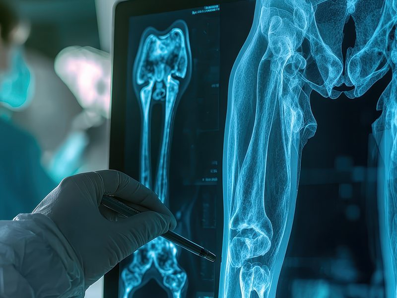 Especialista en traumatología revisando radiografías de rodilla y cadera en un monitor